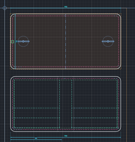 Bifold 6-card wallet pattern in LeatherDraft: outer piece and inner panel with stitch lines